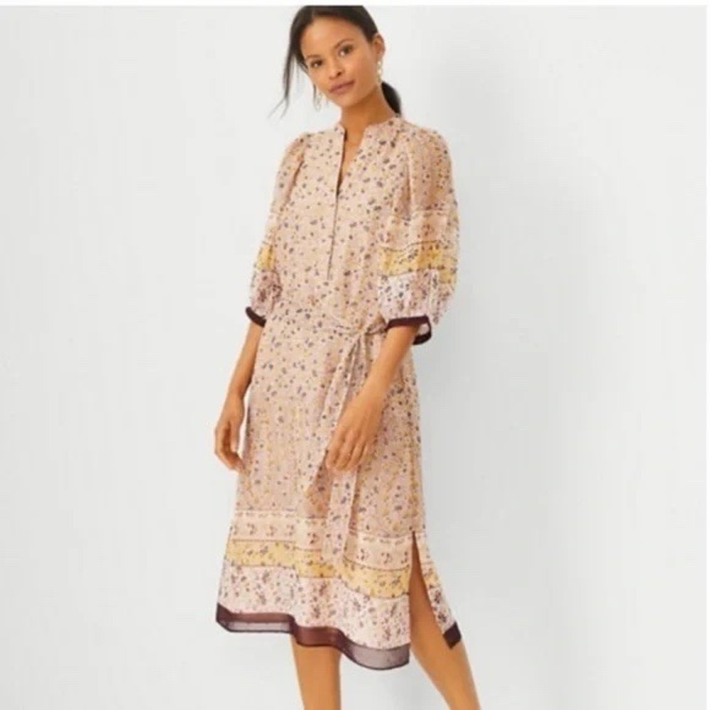 Ann Taylor PS Pearl Blush Paisley Border Balloon Sleeve Midi Dress Office Petite